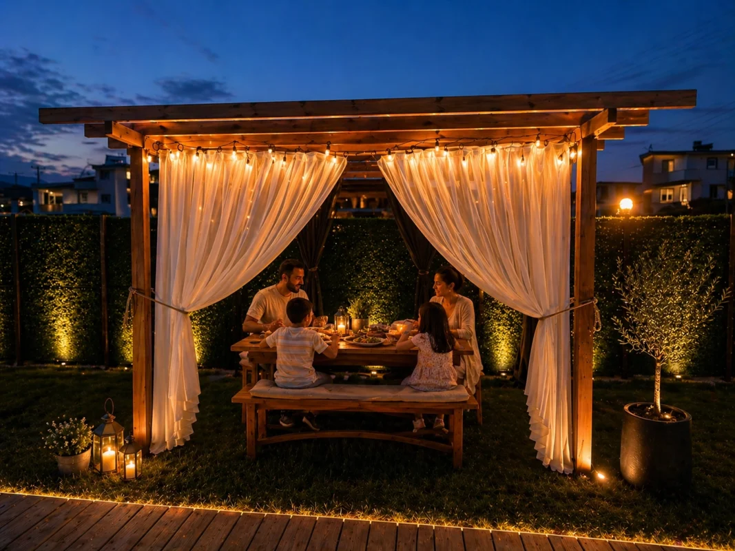 Pergola altında aile akşam yemeği keyfi yapıyor, sıcak ışıklarla aydınlatılmış bahçe ortamı.