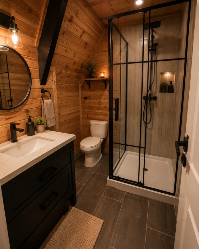Leon Bungalov'un modern banyo tasarımı, ahşap duvarlar ve şık duş alanı ile dikkat çekiyor.