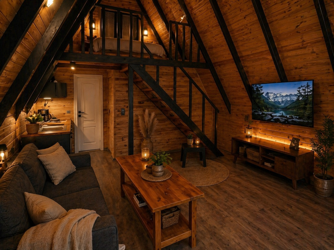 Ahşap dekorasyonlu, loft yataklı Leon bungalov oda iç mekanı.