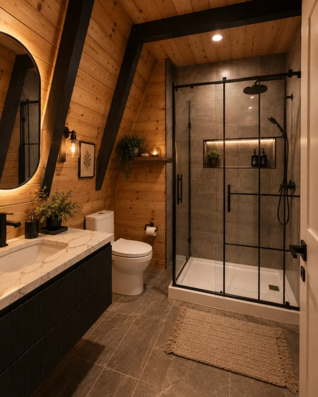 Leon Bungalov'un modern banyosunda şık bir duş alanı ve lavabo.